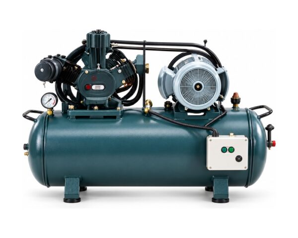Tank-mounted air compressor supplying instrument and utility air to laboratory equipment.