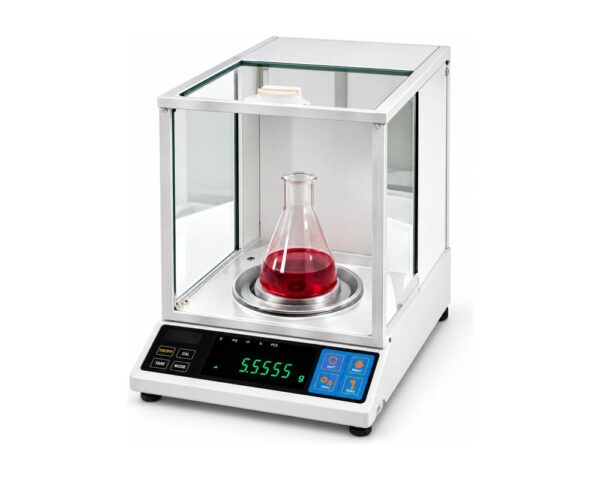 Precision analytical balance with a draft shield and digital readout, for standard and sample preparation weighing.