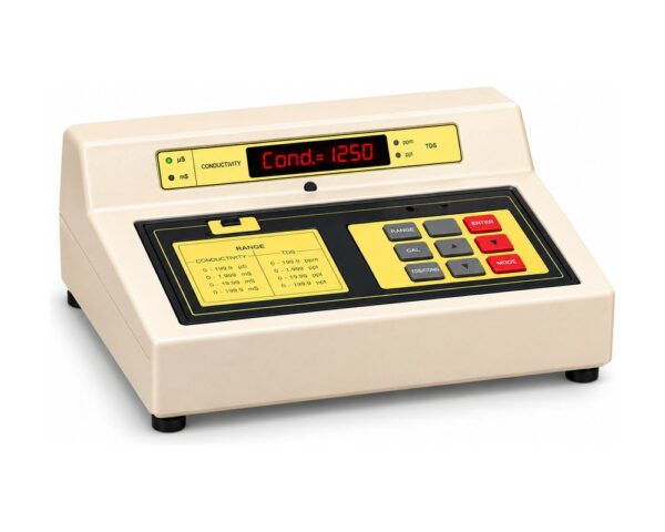 Microprocessor-based bench meter for conductivity and total dissolved solids, with temperature compensation.