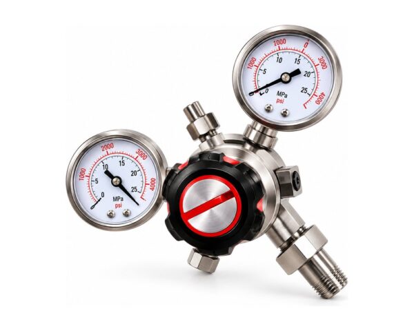 Two-stage cylinder regulator with inlet and outlet gauges, for stable delivery pressure as cylinder pressure falls.