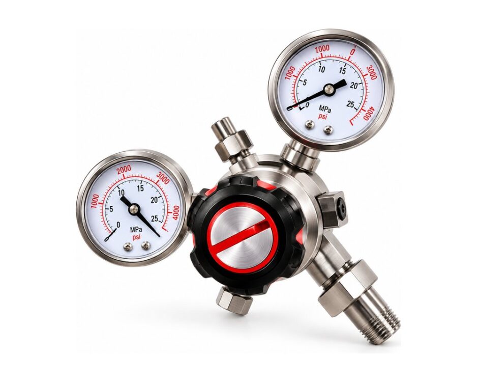 Two-stage cylinder regulator with inlet and outlet gauges, for stable delivery pressure as cylinder