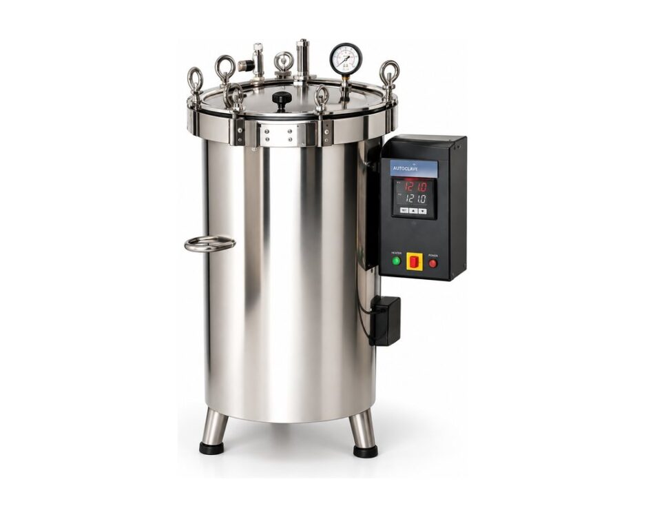 Vertical stainless steel autoclave with digital control, for sterilising media, glassware and laboratory waste.