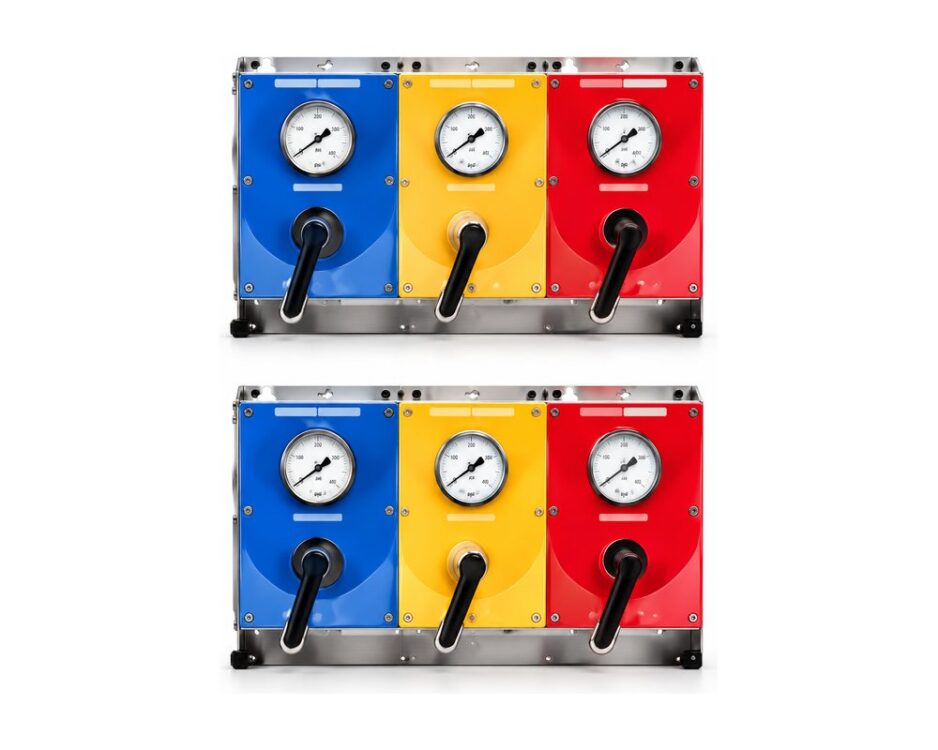 Colour-coded distribution panel that takes gas from a cylinder or manifold and feeds multiple