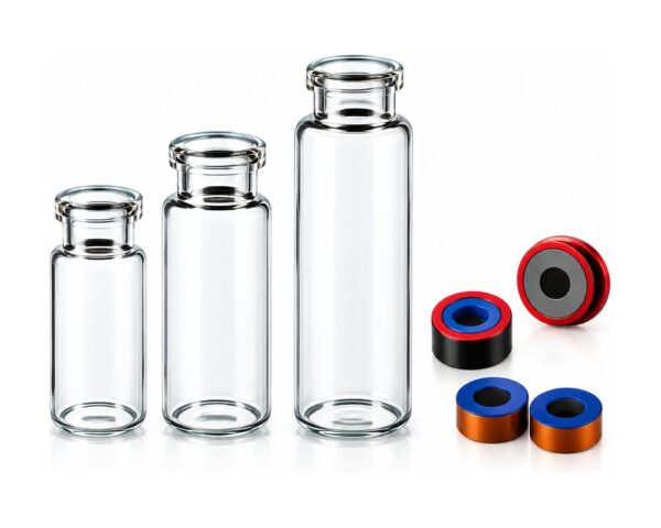 20 ml headspace vials with 20 mm aluminium magnetic crimp caps and septa, for automated headspace sampling.