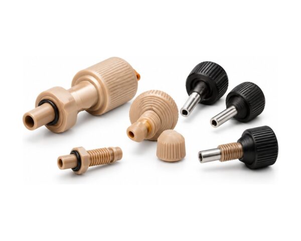 Tool-free PEEK fittings that make and break fluidic connections by hand without damaging the port.