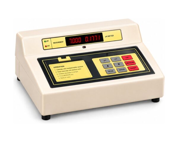 Microprocessor-based bench pH meter with temperature compensation and multi-point calibration.