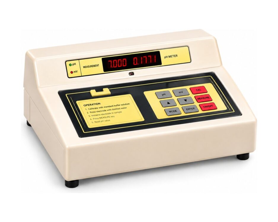 Microprocessor-based bench pH meter with temperature compensation and multi-point calibration.
