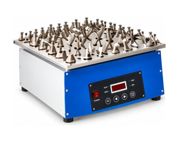 Multi-position orbital shaker with variable speed control and a flask clamp platform, for extraction and dissolution work.