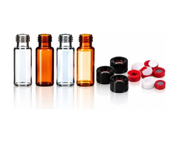 2 ml and 1.8 ml screw top autosampler vials in clear and amber glass, supplied with 8 mm screw caps and PTFE-faced septa.