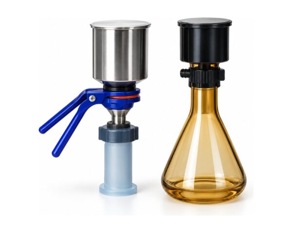 Vacuum filtration assembly with funnel, support, clamp and receiving flask for preparing mobile phase and buffers.