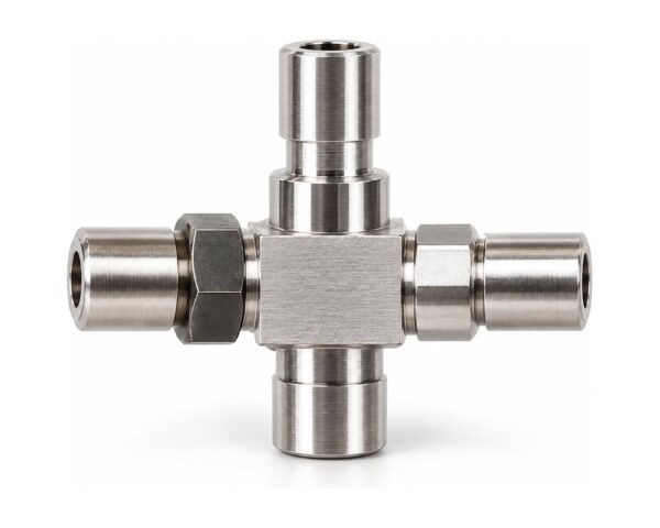 Low dead volume stainless steel tees and crosses for splitting, mixing or teeing into a flow path.
