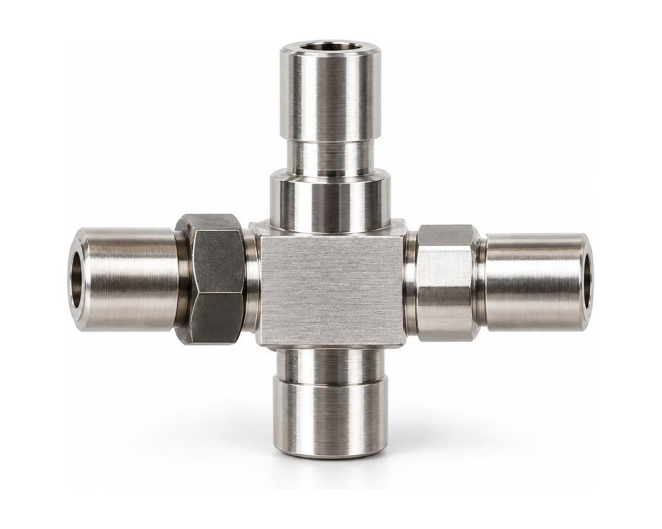 Low dead volume stainless steel tees and crosses for splitting, mixing or teeing into