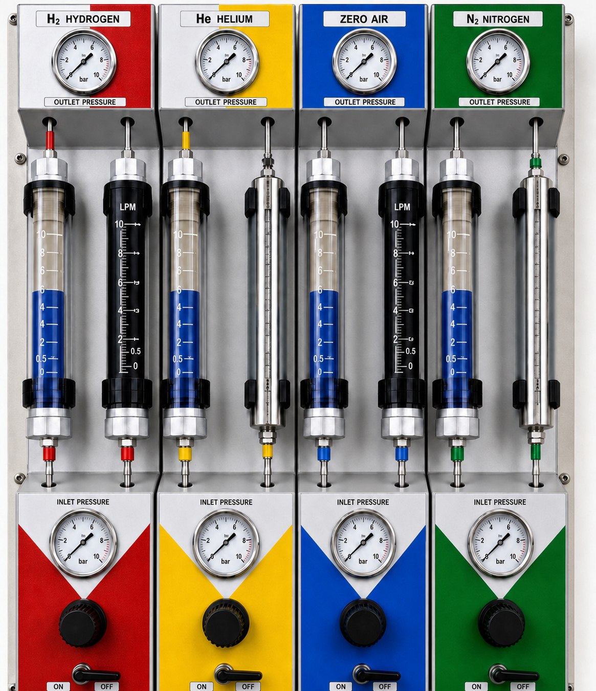 Front view of a four-line panel with red H2, yellow He, blue Zero Air and green N2 identification collars, gauges, controls and eight vertical assemblies