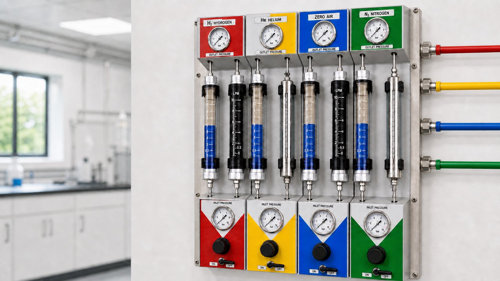 Four-line laboratory gas panel with separate red H2, yellow He, blue Zero Air and green N2 outlet pipelines