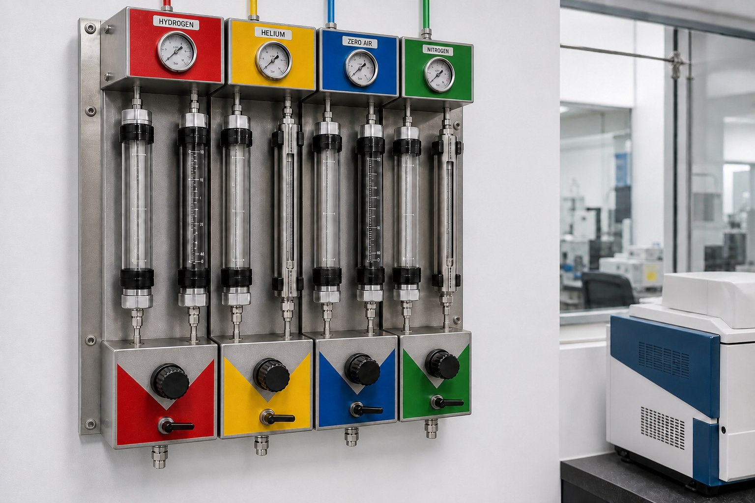 Four-channel gas regulation and conditioning panel with red H2, yellow He, blue Zero Air and green N2 inlet identification beside a laboratory instrument