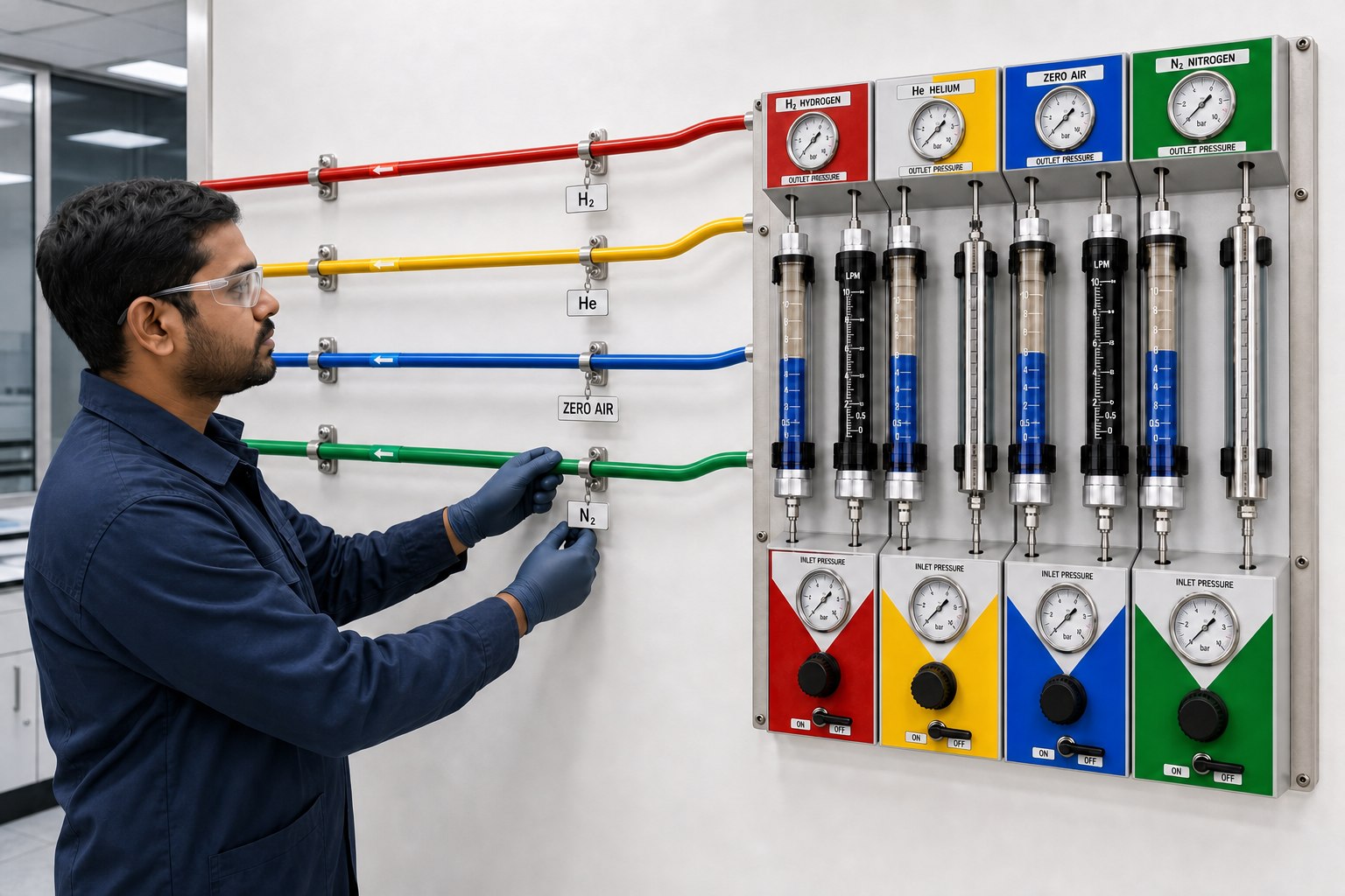Technician checking four pipelines identified as red H2, yellow He, blue Zero Air and green N2 beside a matching four-line laboratory gas panel