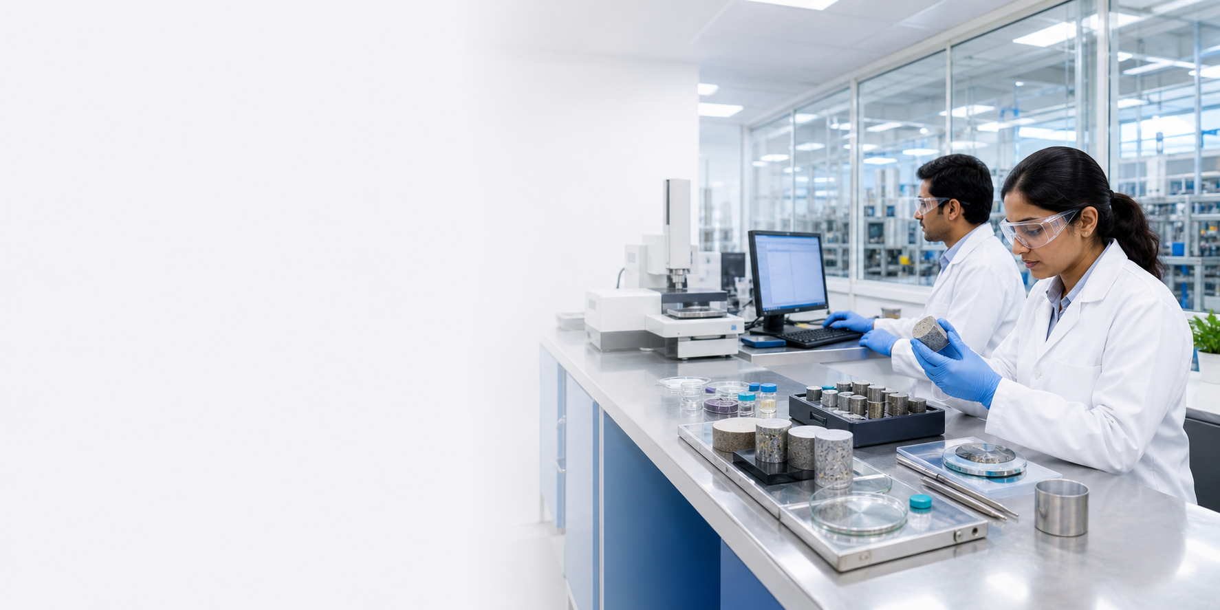 Industrial quality control laboratory with professionals examining material samples