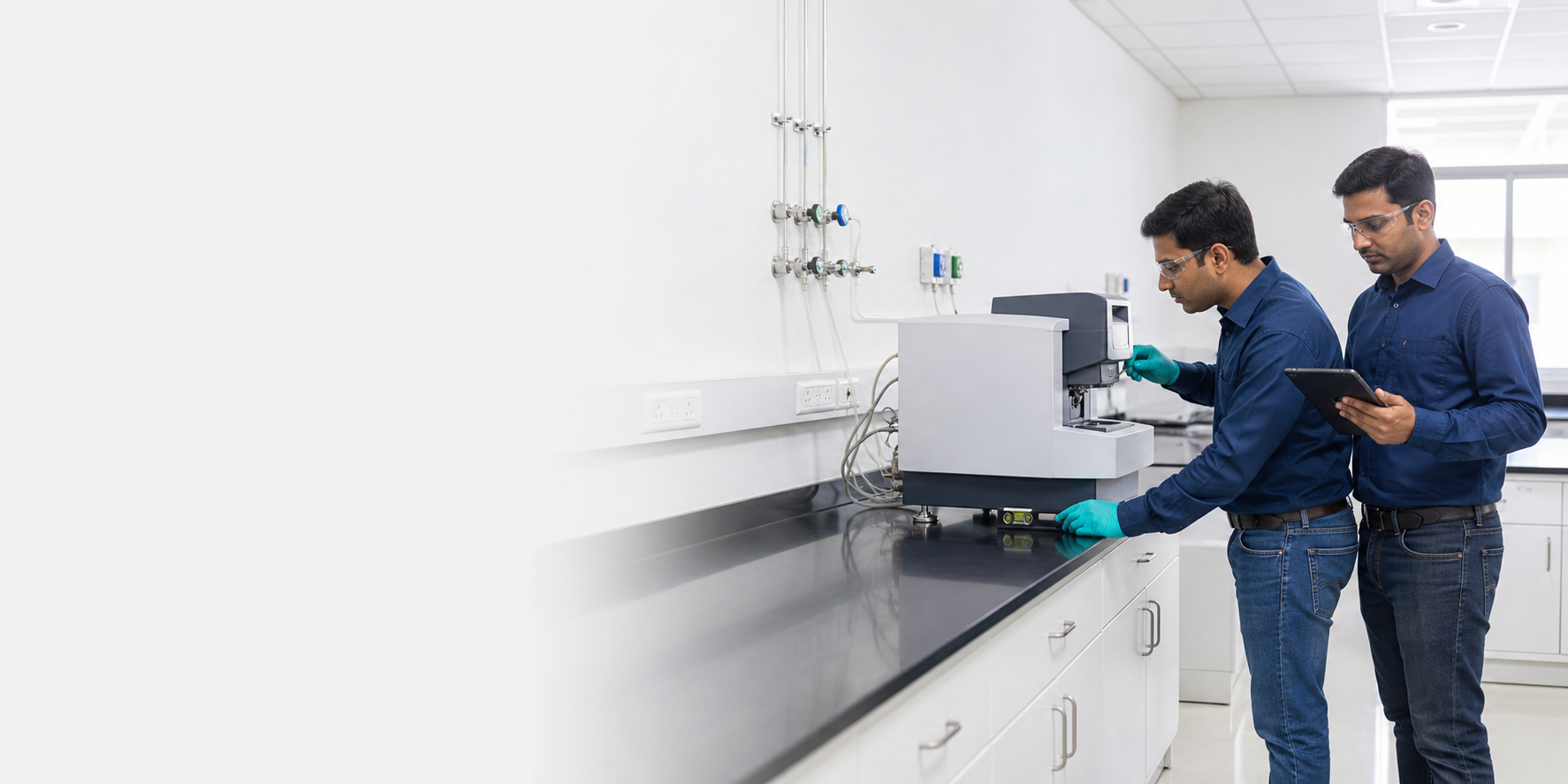 Field engineers checking utility connections while commissioning a laboratory instrument