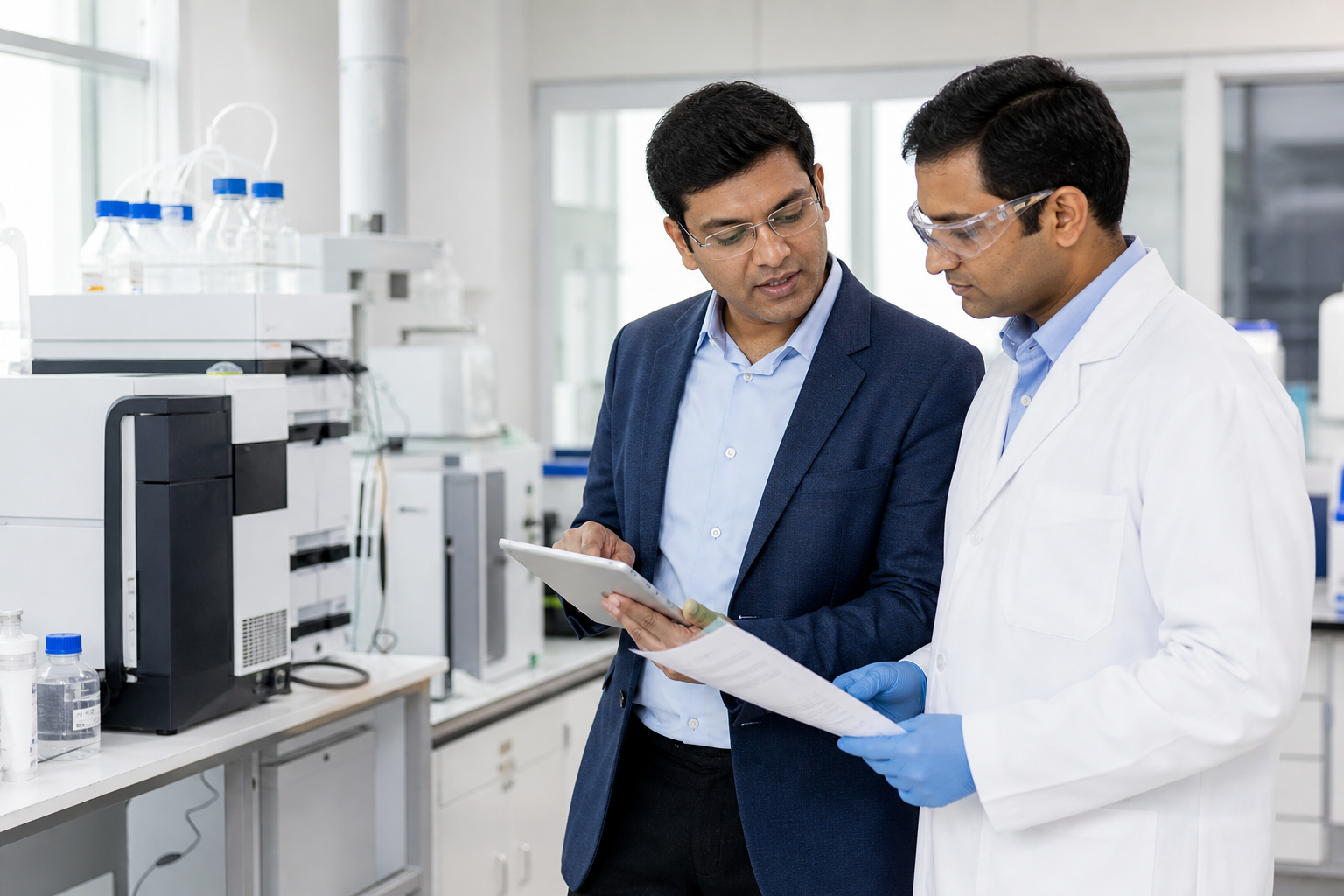 Technical consultant and laboratory manager reviewing an application requirement