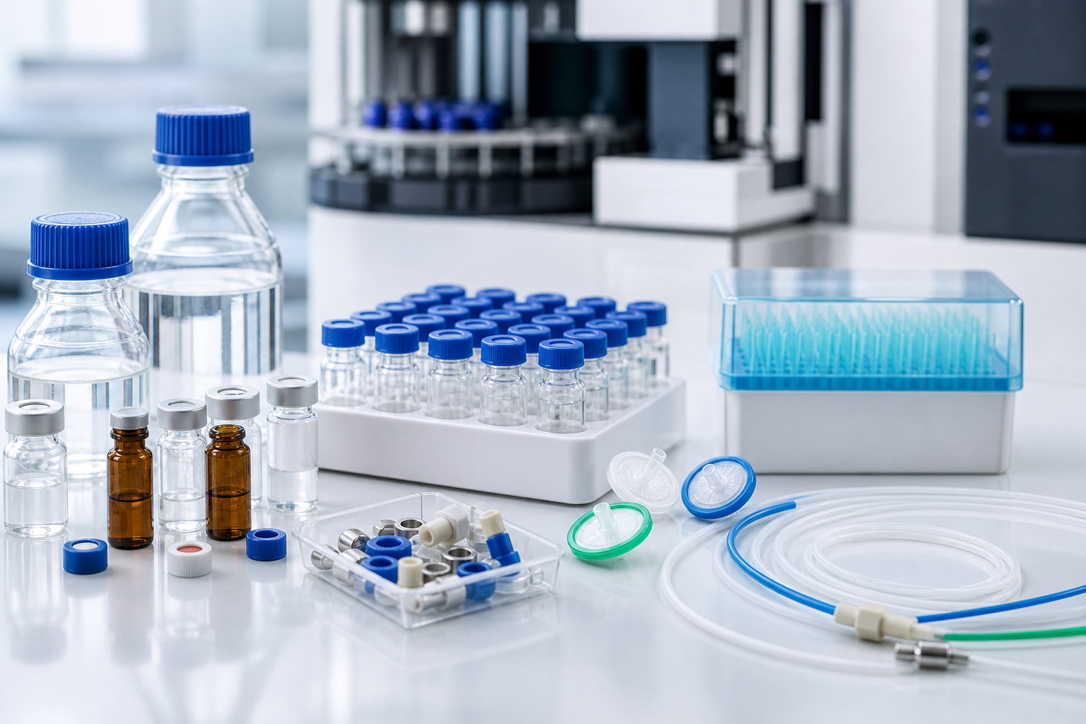 Analytical laboratory consumables including vials, sample bottles, filters and tubing