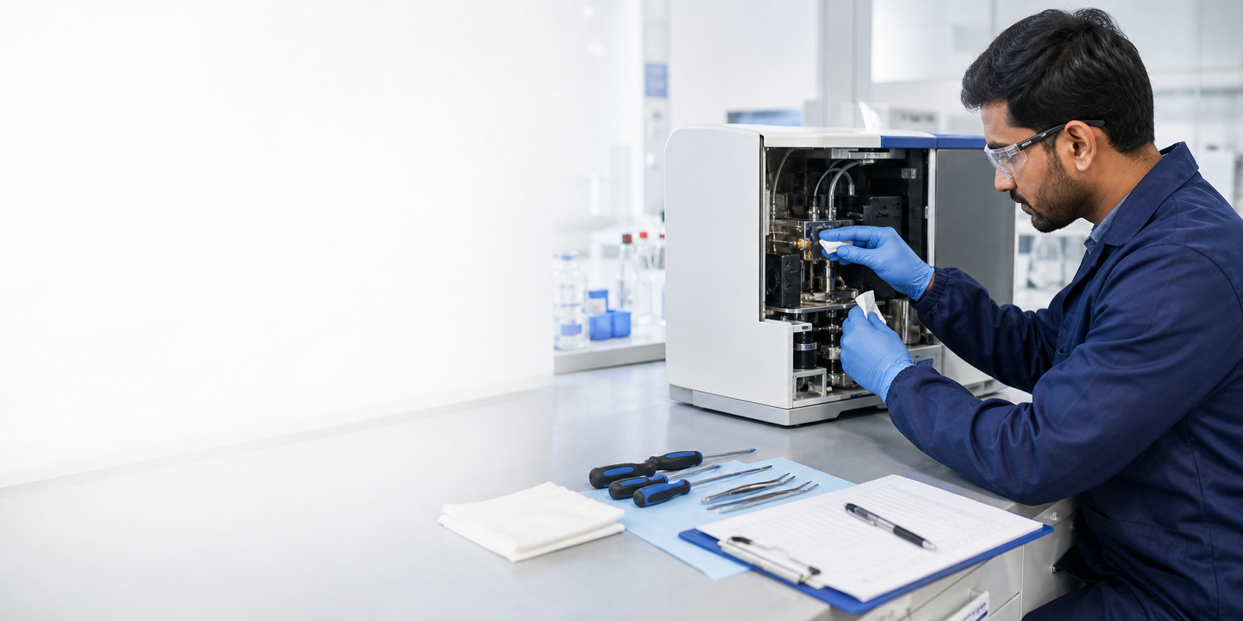 Service technician carrying out preventive maintenance on analytical laboratory equipment