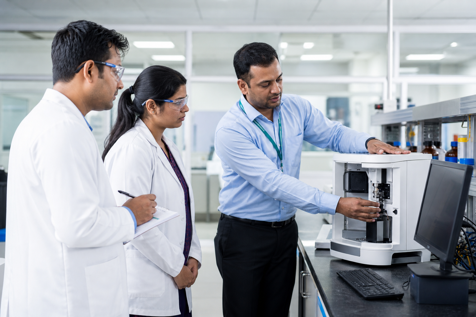 Service engineer training laboratory operators on an analytical instrument