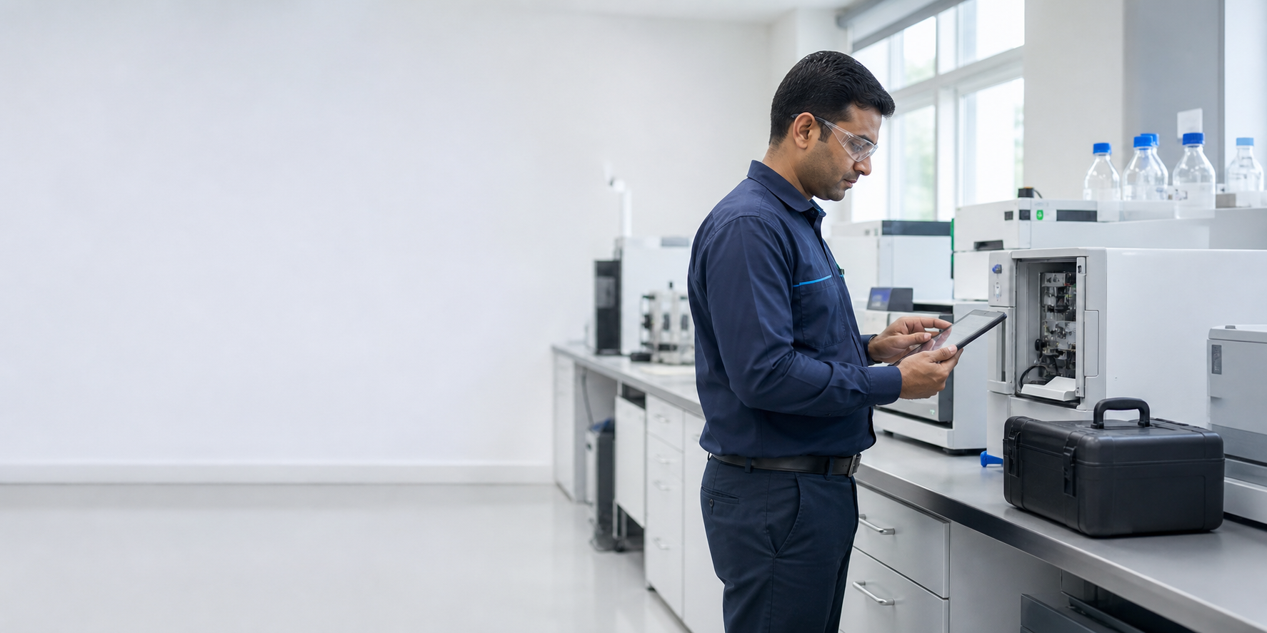 Field service engineer reviewing the condition of analytical laboratory equipment
