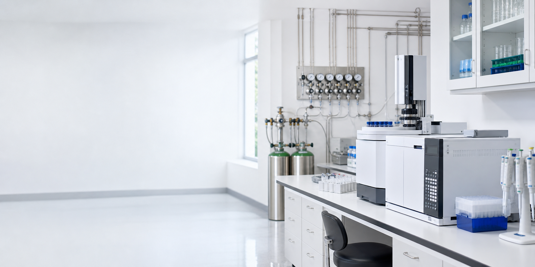 Integrated analytical laboratory with scientific instruments, gas controls and sample consumables