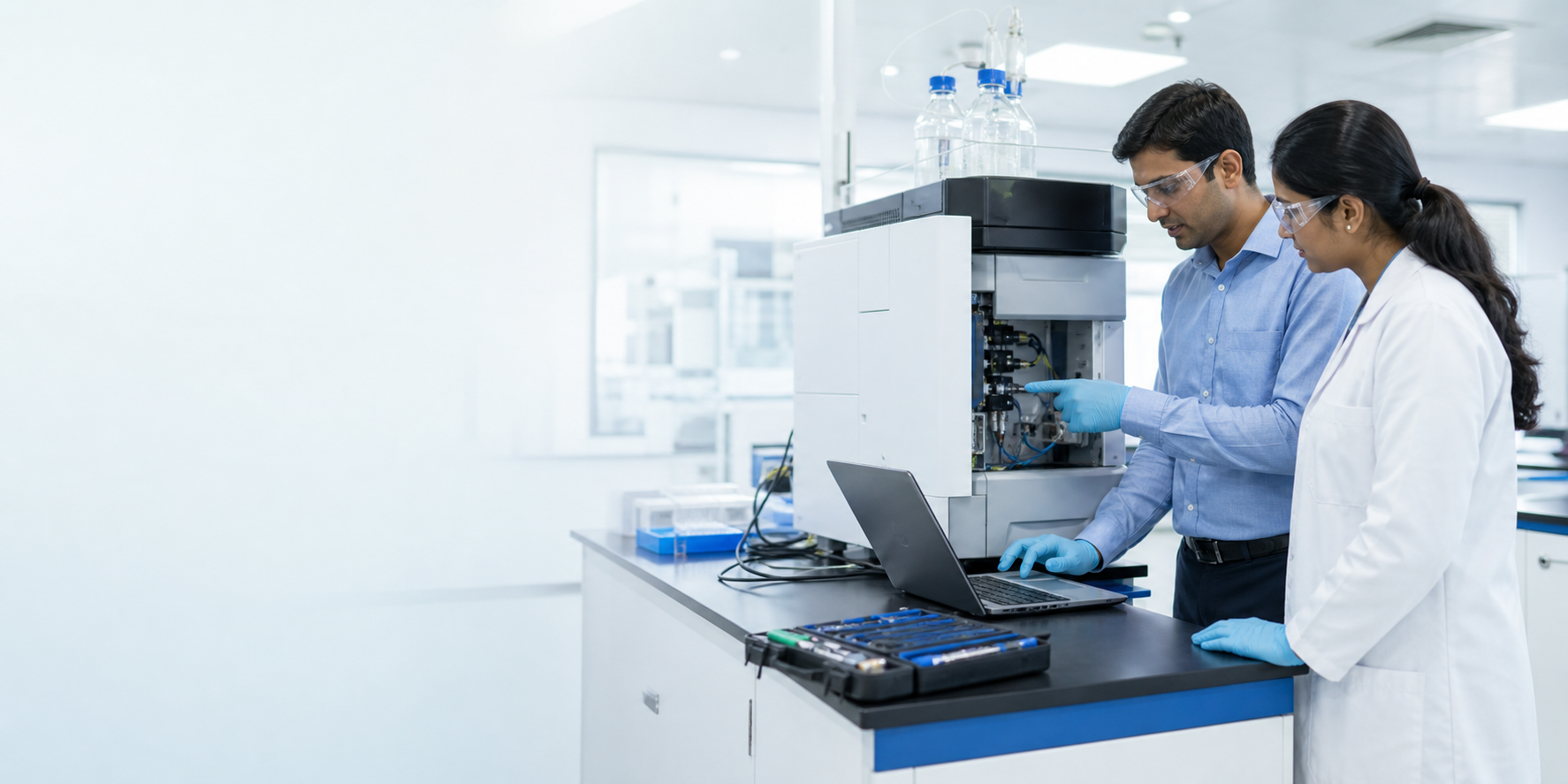Technical support engineer diagnosing an analytical instrument with a laboratory operator