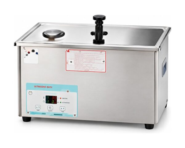 Stainless steel ultrasonic cleaner with digital timer, for degassing solvents and cleaning laboratory parts.